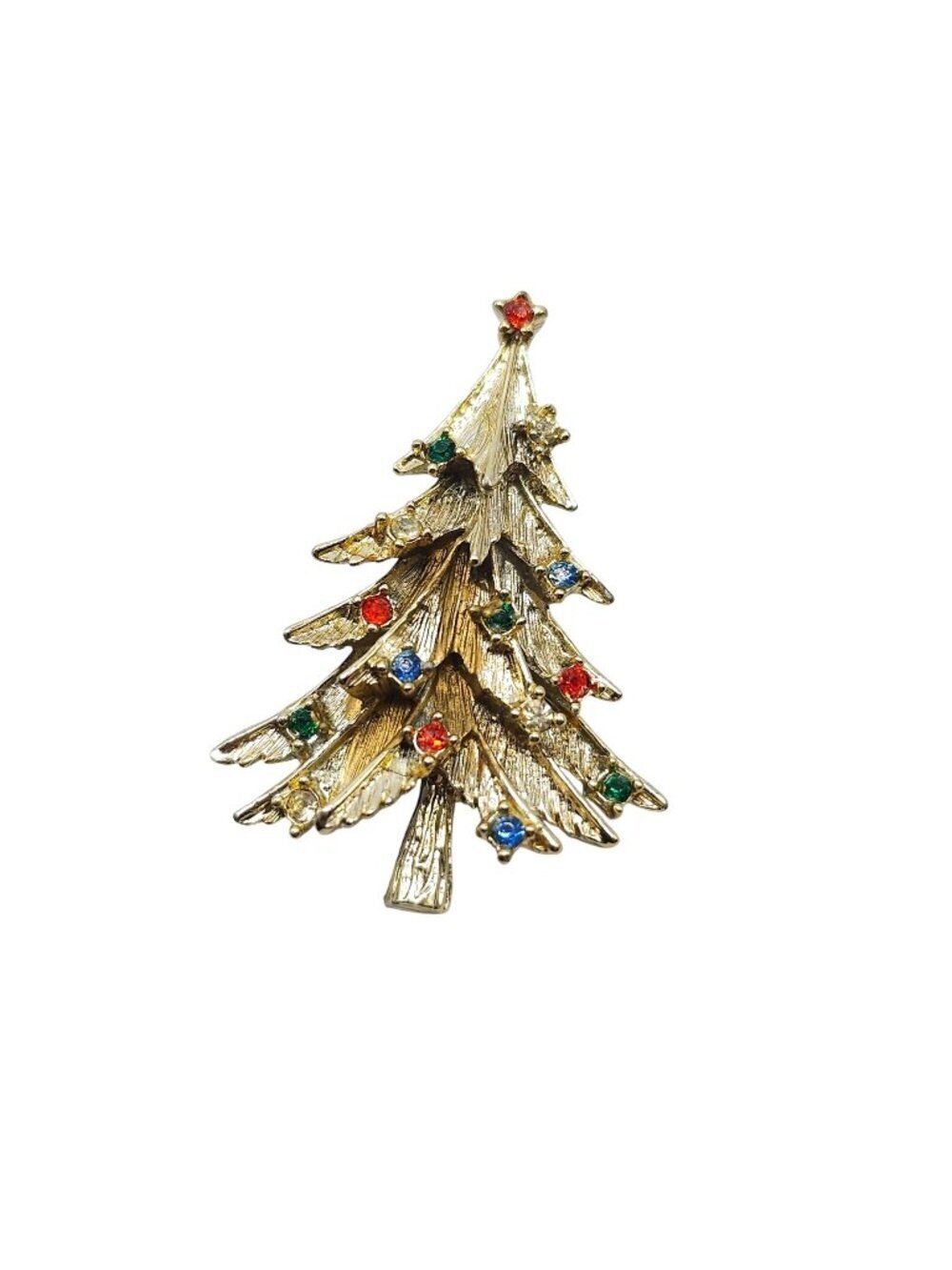 Vintage Gold Tone Christmas Tree Rhinestone Pin Brooch With Colorful Sparkling